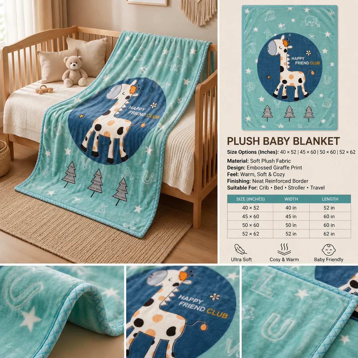 Happy Giraffe Plush Baby Blanket – Multiple Sizes