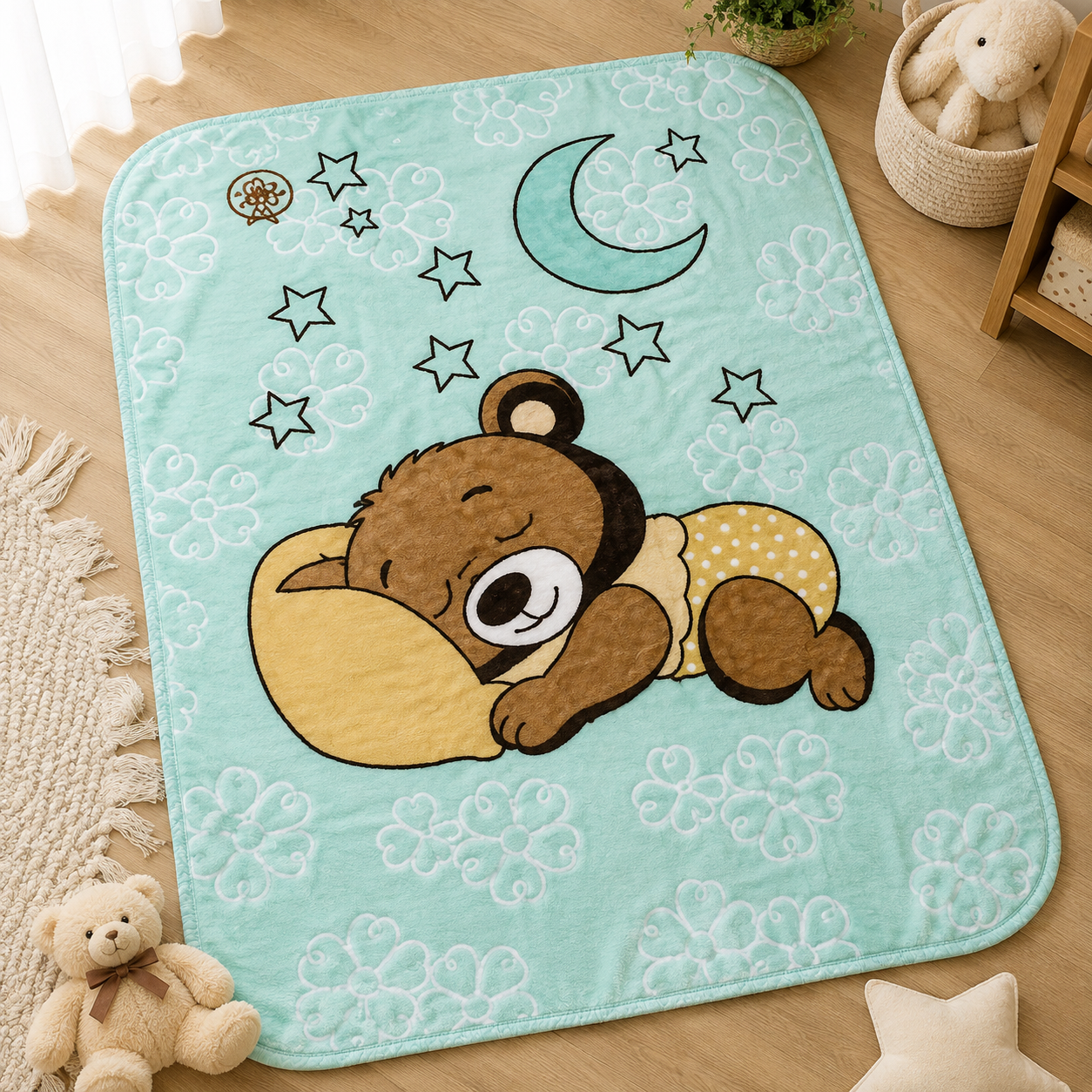 Mint Sleeping Teddy Plush Baby Blanket – 31×42 Inches
