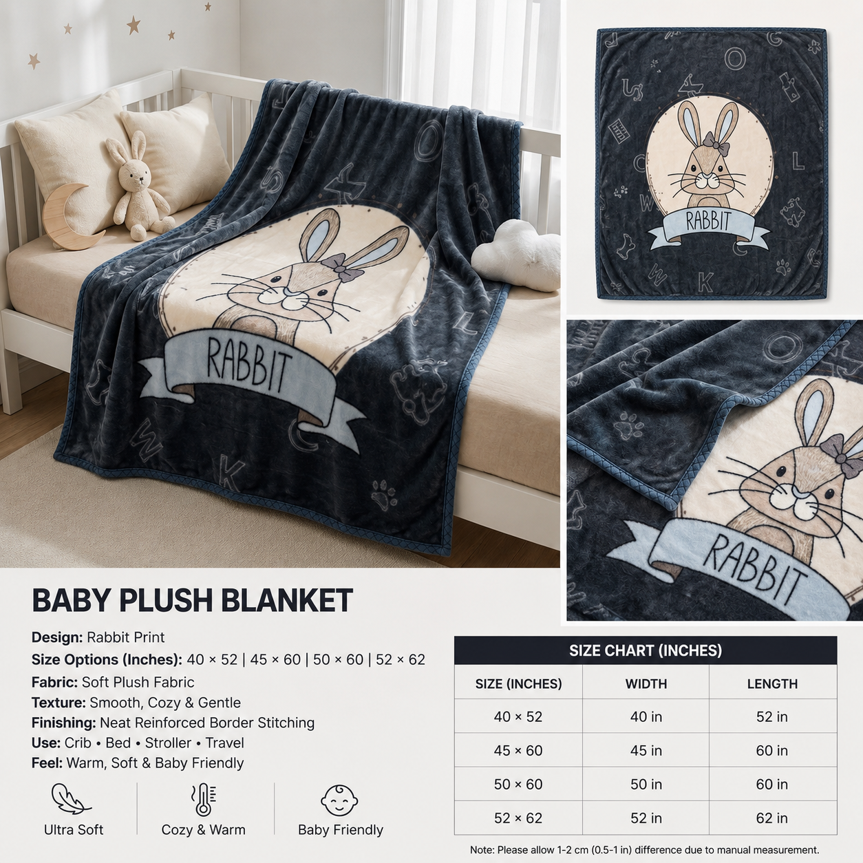 Cute Rabbit Plush Baby Blanket – Multiple Sizes