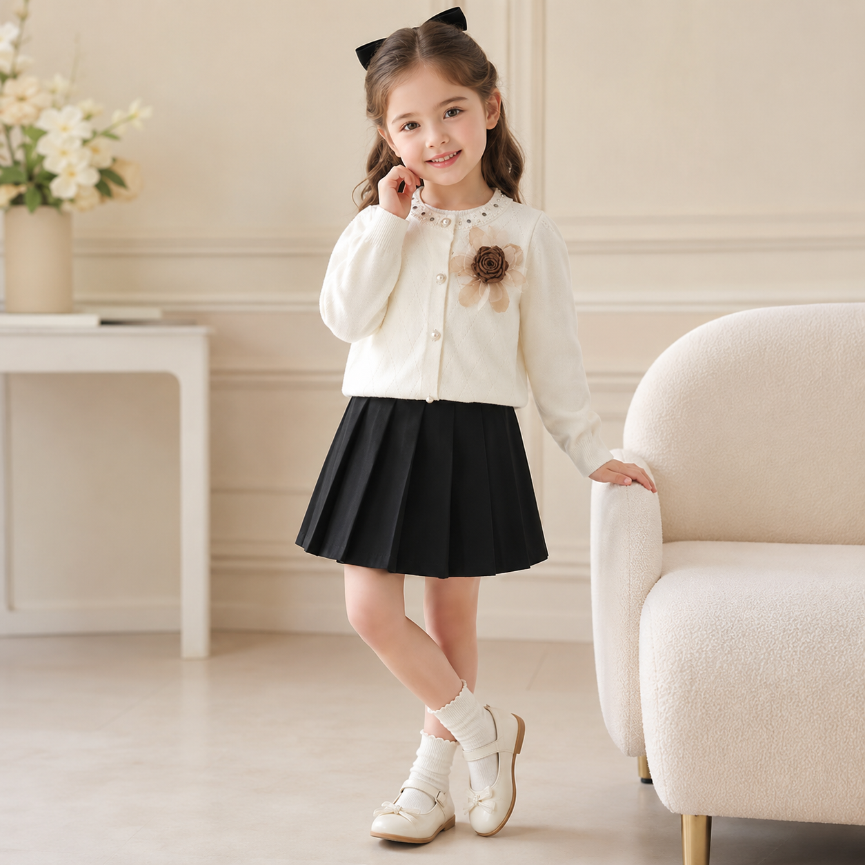 Girls Floral Sweatshirt & Pleated Skirt 2PC Set – 3 Colors