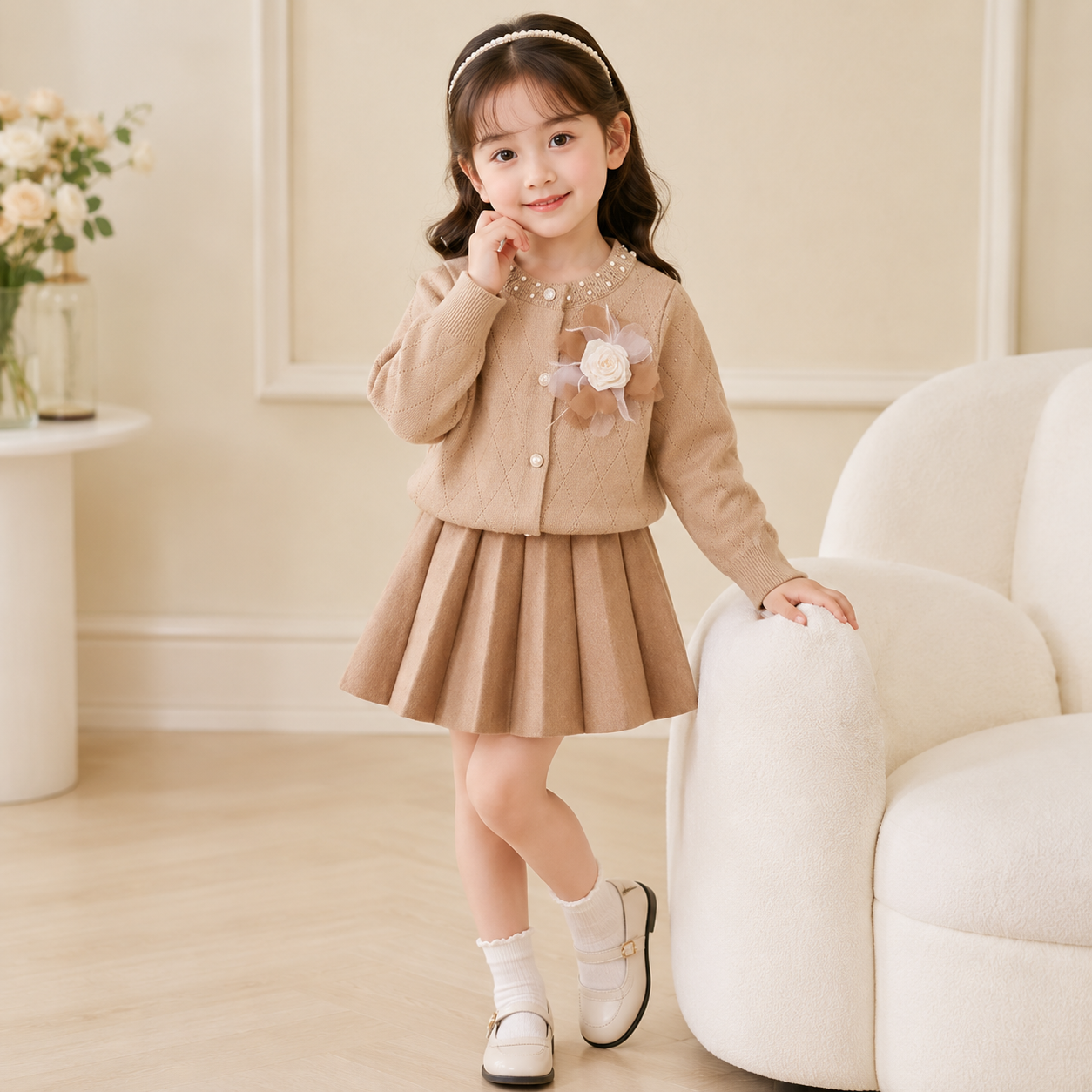 Girls Floral Sweatshirt & Pleated Skirt 2PC Set – 3 Colors