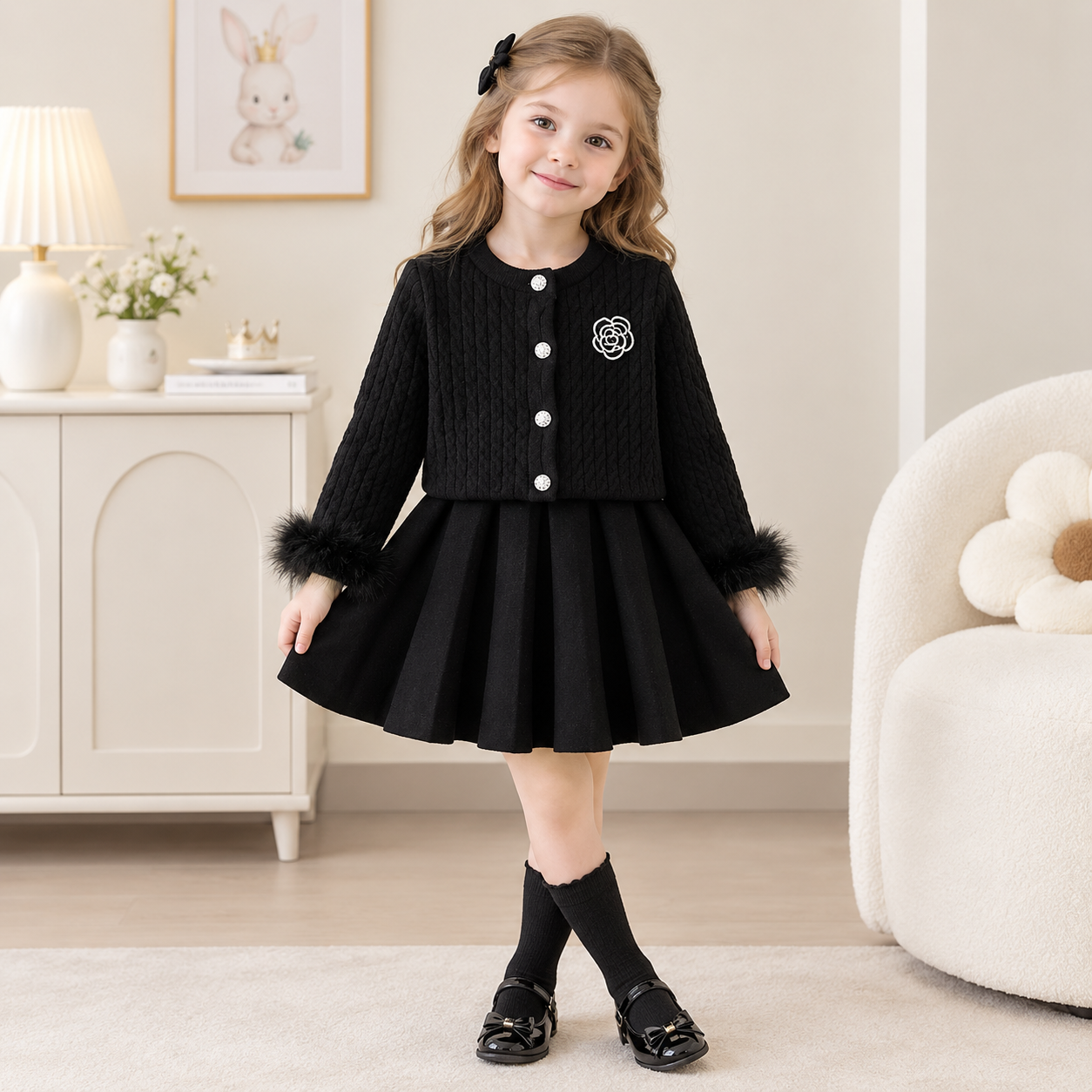 Girls Fur Cuff Sweatshirt & Skirt 2PC Set – 3 Colors