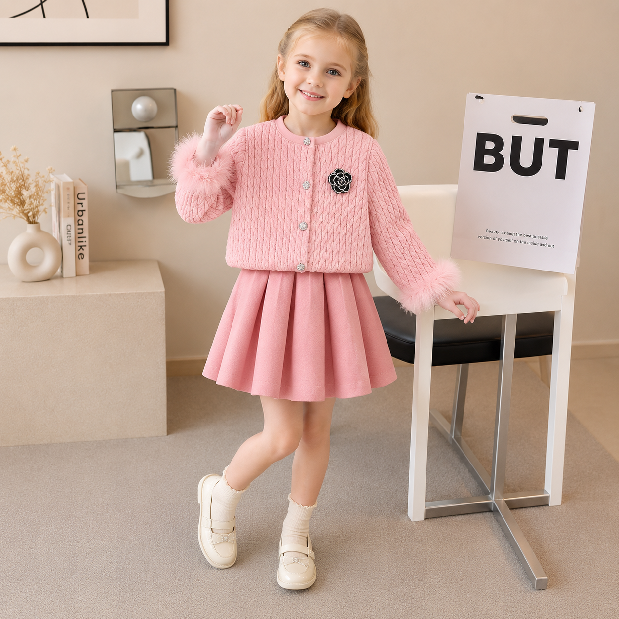 Girls Fur Cuff Sweatshirt & Skirt 2PC Set – 3 Colors