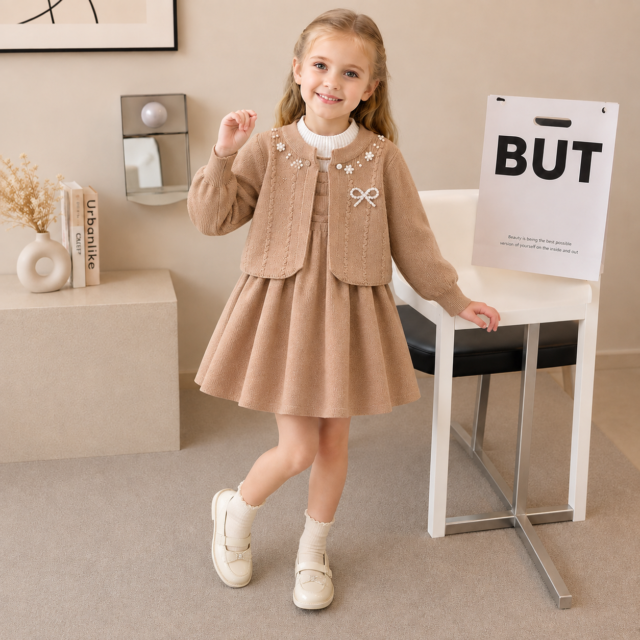 Girls Fur Cuff Sweatshirt & Skirt 2PC Set – 3 Colors