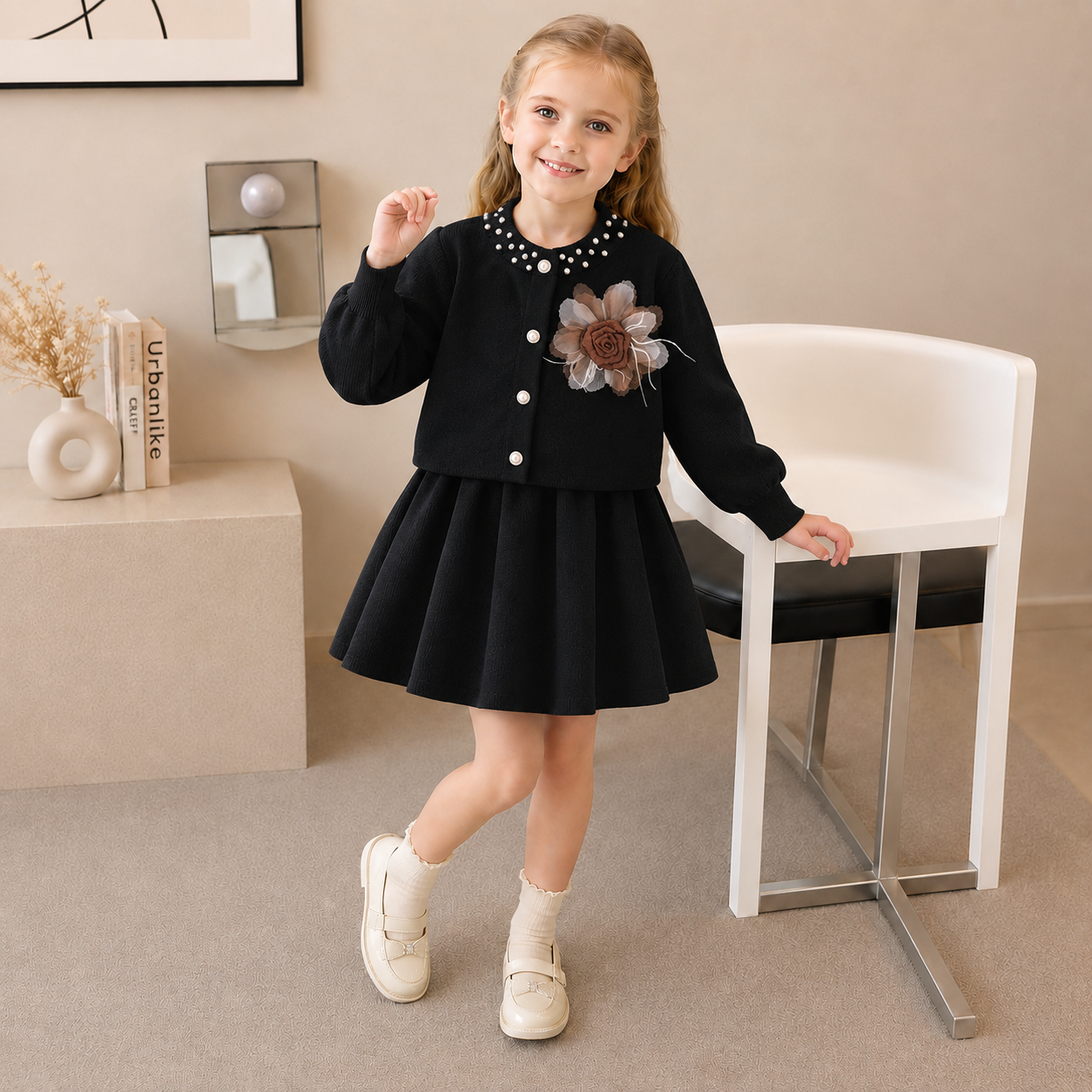 Girls Floral Sweatshirt & Pleated Skirt 2PC Set – 3 Colors