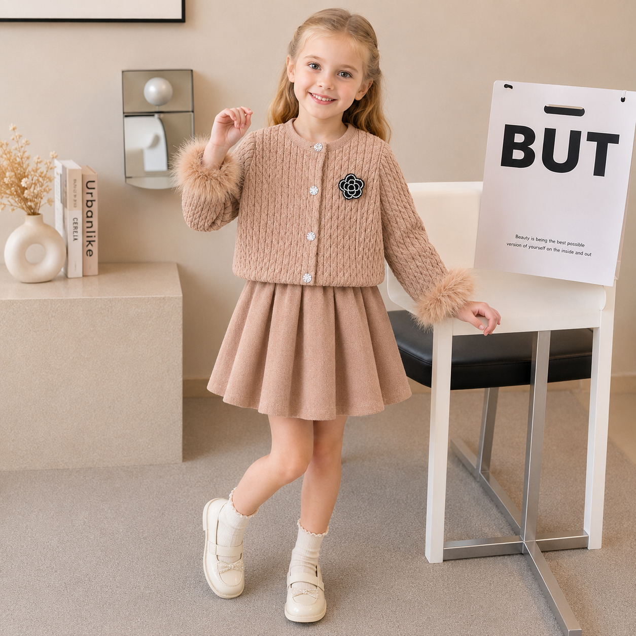 Girls Fur Cuff Sweatshirt & Skirt 2PC Set – 3 Colors