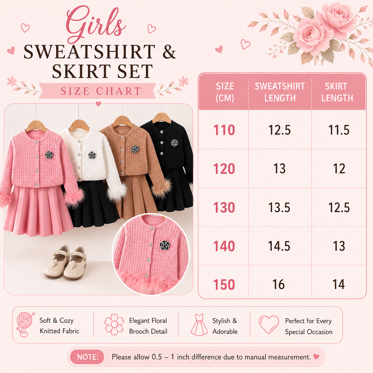 Girls Fur Cuff Sweatshirt & Skirt 2PC Set – 3 Colors