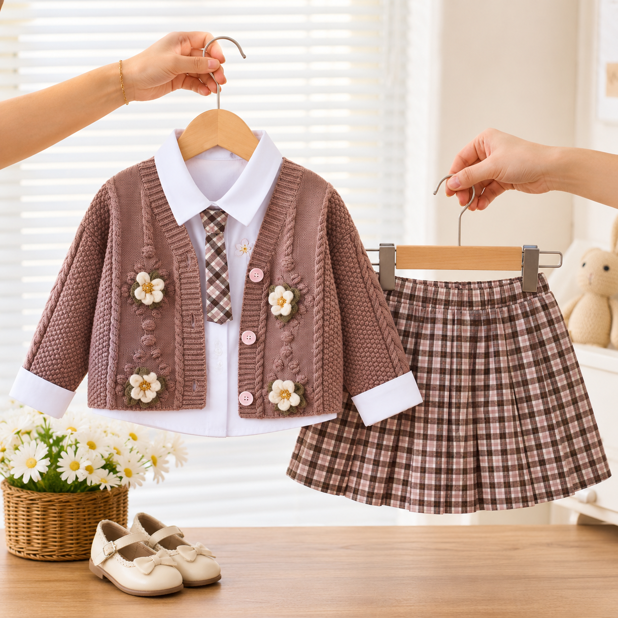 A toddler girl's two-piece school uniform set displayed on hangers, featuring a brown knit cardigan with white floral accents over a white collared shirt and a brown-and-white plaid skirt. Hands are holding the hangers, and a basket of white daisies and a pair of matching shoes are arranged on a wooden table in front.