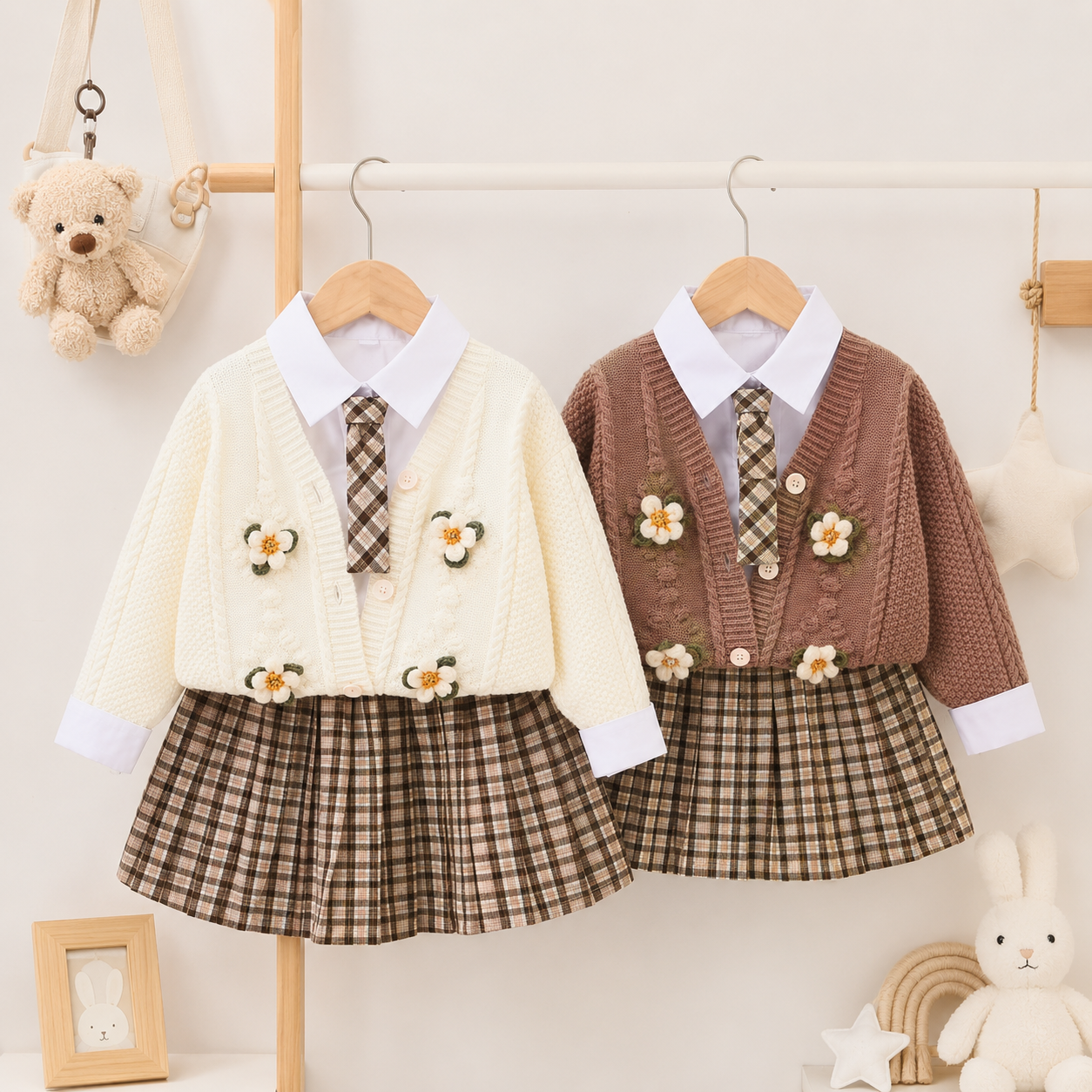 Two toddler girls' cardigan-style outfits hanging on a wooden rack against a light wall. The left outfit is cream with a white shirt collar, brown plaid skirt, and matching tie; the right outfit is taupe-brown with a white shirt collar, brown plaid skirt, and matching tie.
