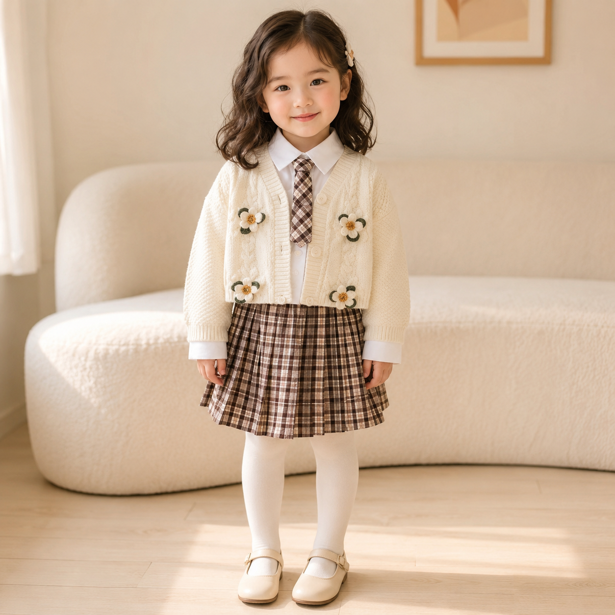 A young girl stands in a bright, neutral room wearing a cream cardigan with embroidered flowers, a brown and beige plaid skirt, a matching plaid tie, a white collared shirt, and white tights.