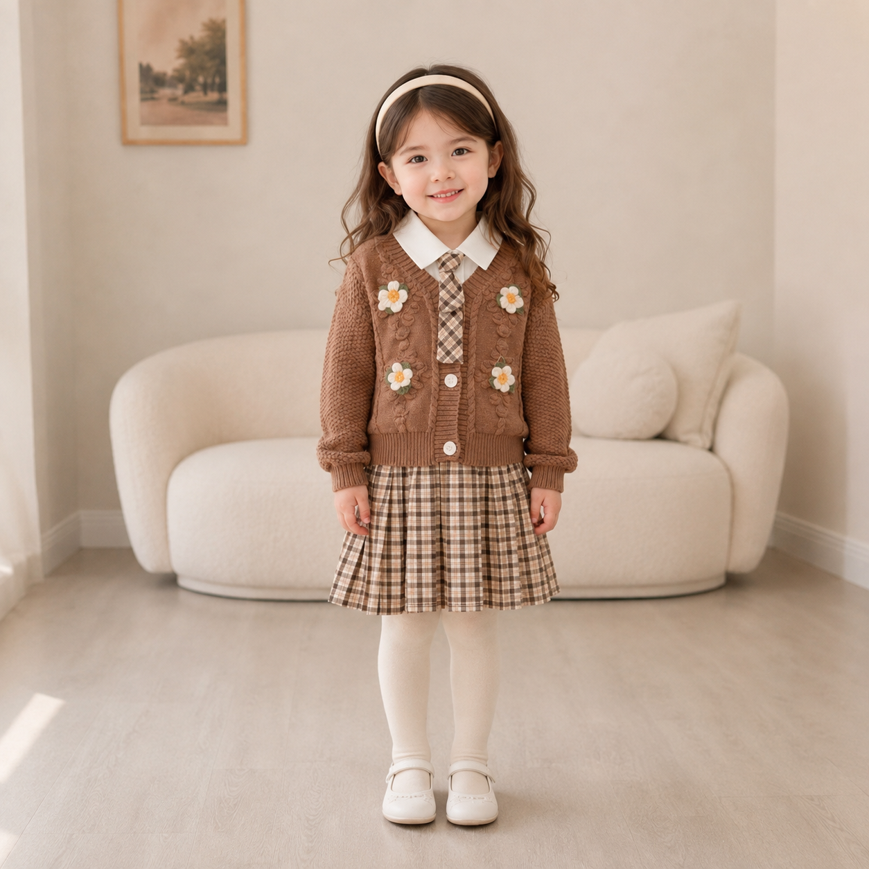 A young girl stands in a softly lit living room wearing a brown knit cardigan with white flower appliqués over a plaid dress, cream tights, and white shoes. The background shows a cream sofa and light wood flooring.