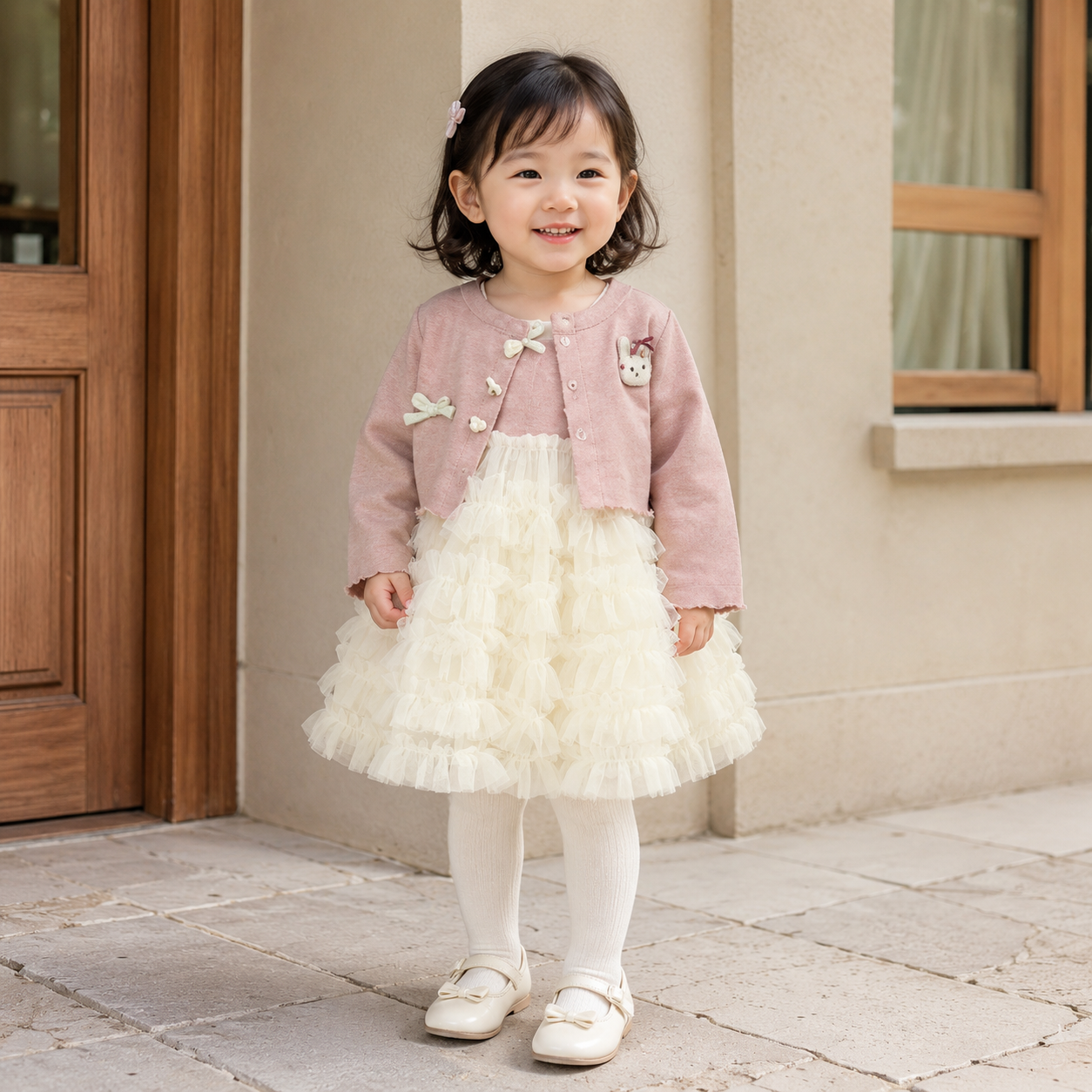 Girls Ruffle Frock & Bunny Cardigan 2PC Set – 2 Colors