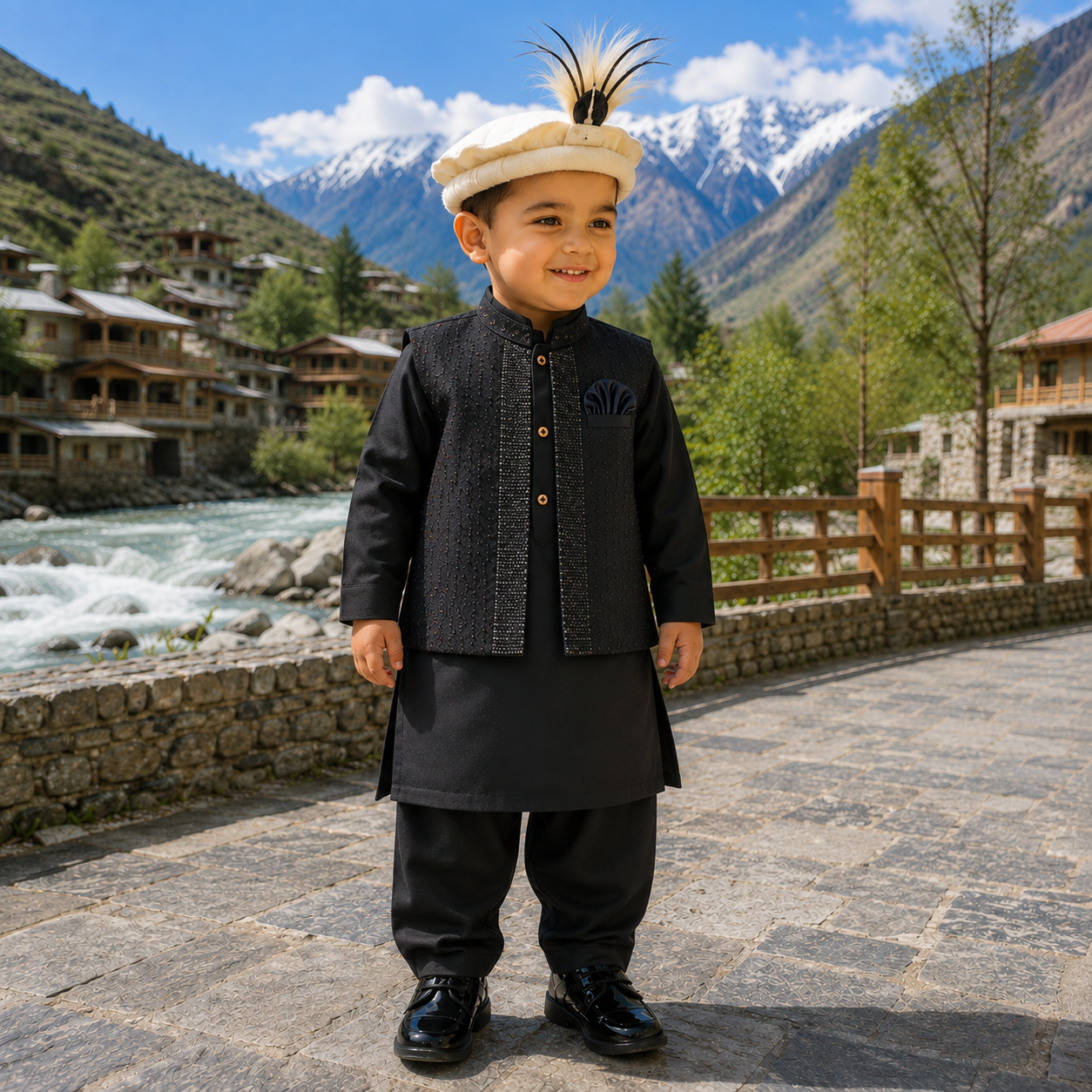Boys Black Embellished Waistcoat Shalwar Kameez 3PC Set