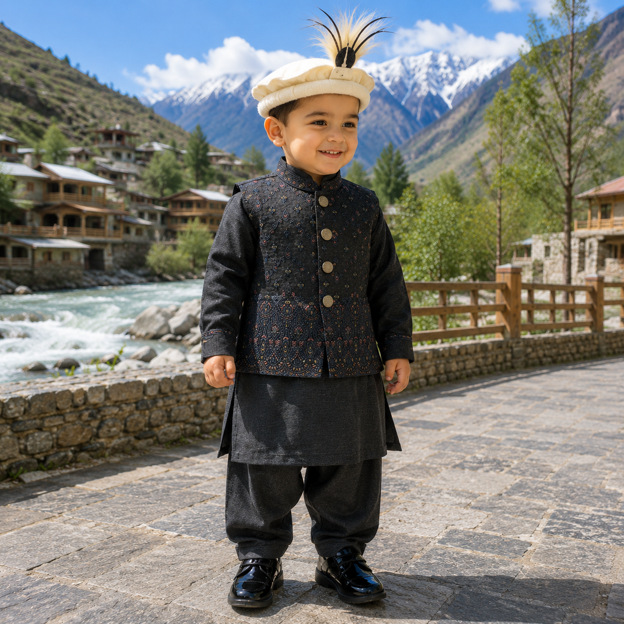 Boys Luxury Embroidered Waistcoat Shalwar Kameez 3PC Set