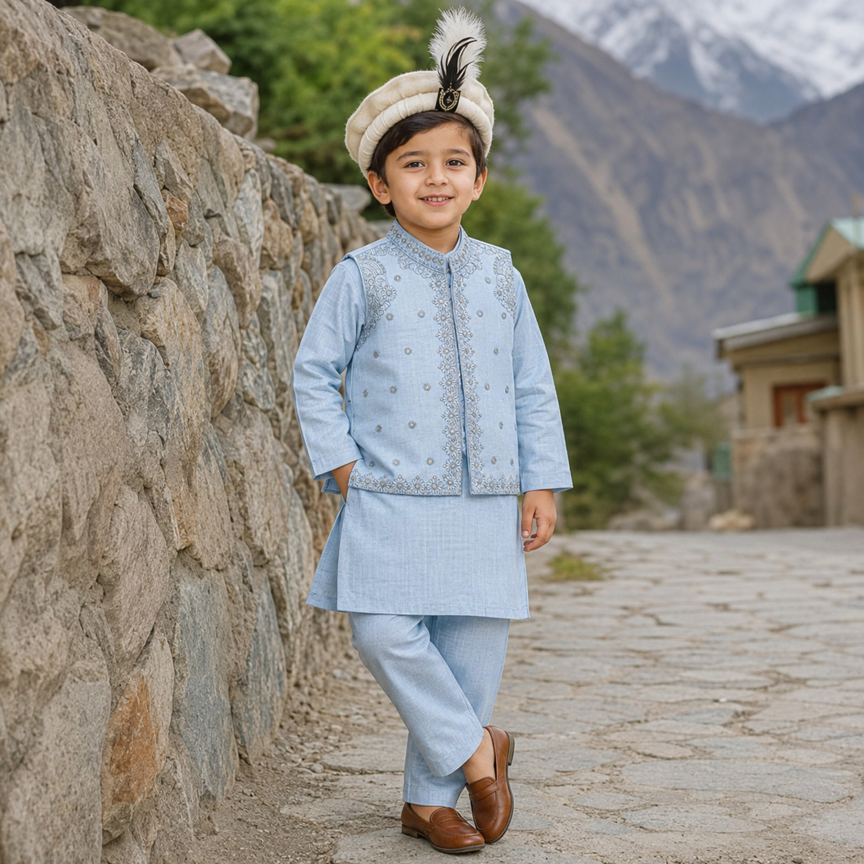 Boys Embroidered Waistcoat Shalwar Kameez 3PC Set