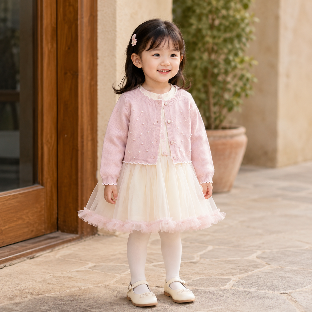 Girls Pearl Cardigan & Tulle Frock 2PC Set – 3 Colors