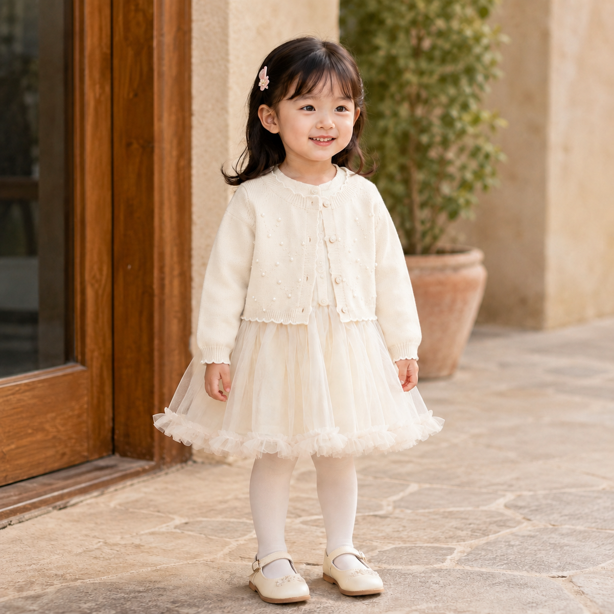 Girls Pearl Cardigan & Tulle Frock 2PC Set – 3 Colors