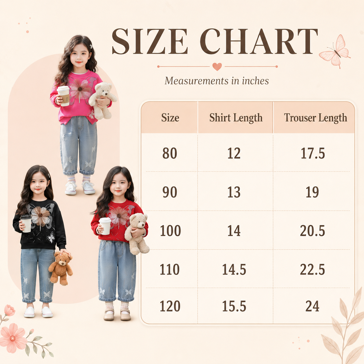 Girls Butterfly Sweatshirt & Denim Jeans 2PC Set – 3 Colors