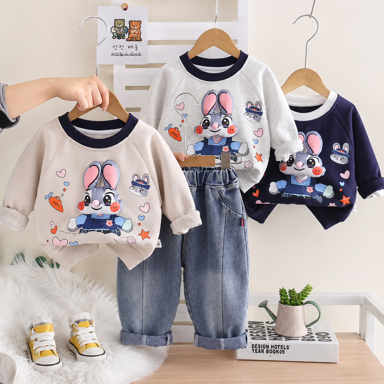 Kids Bunny Print Sweatshirt & Denim Pants 2-Piece Outfit