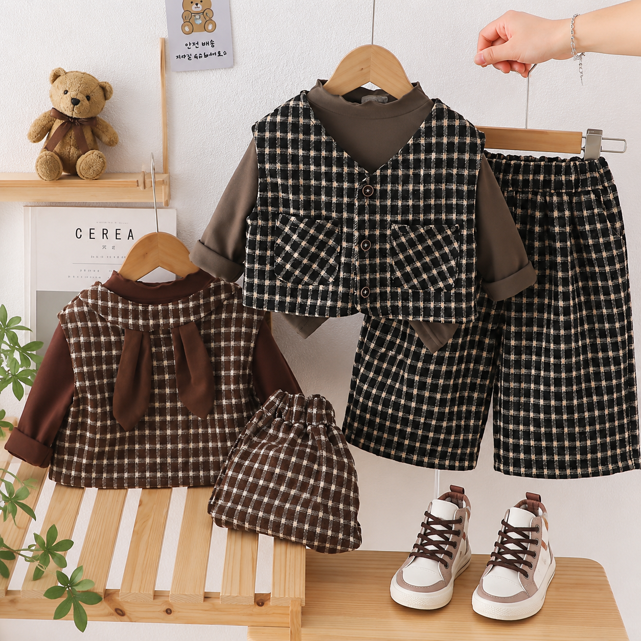 Kids Plaid Vest & Wide-Leg Pants 3-Piece Outfit Set