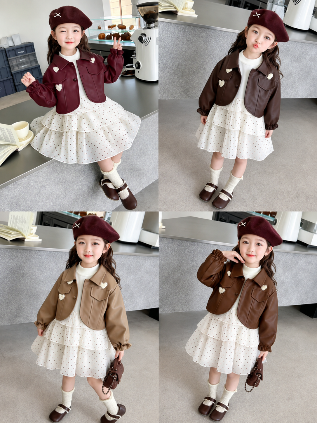 Girls Faux Leather Jacket & Polka Dot Dress 2-Piece Outfit Set
