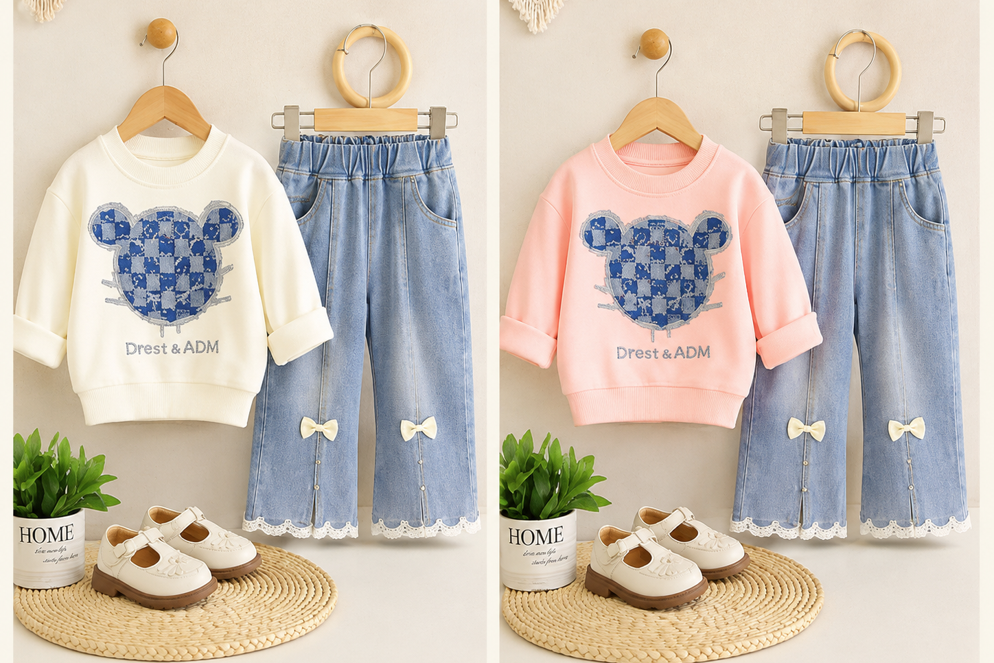 Girls Bow Denim Trouser Set