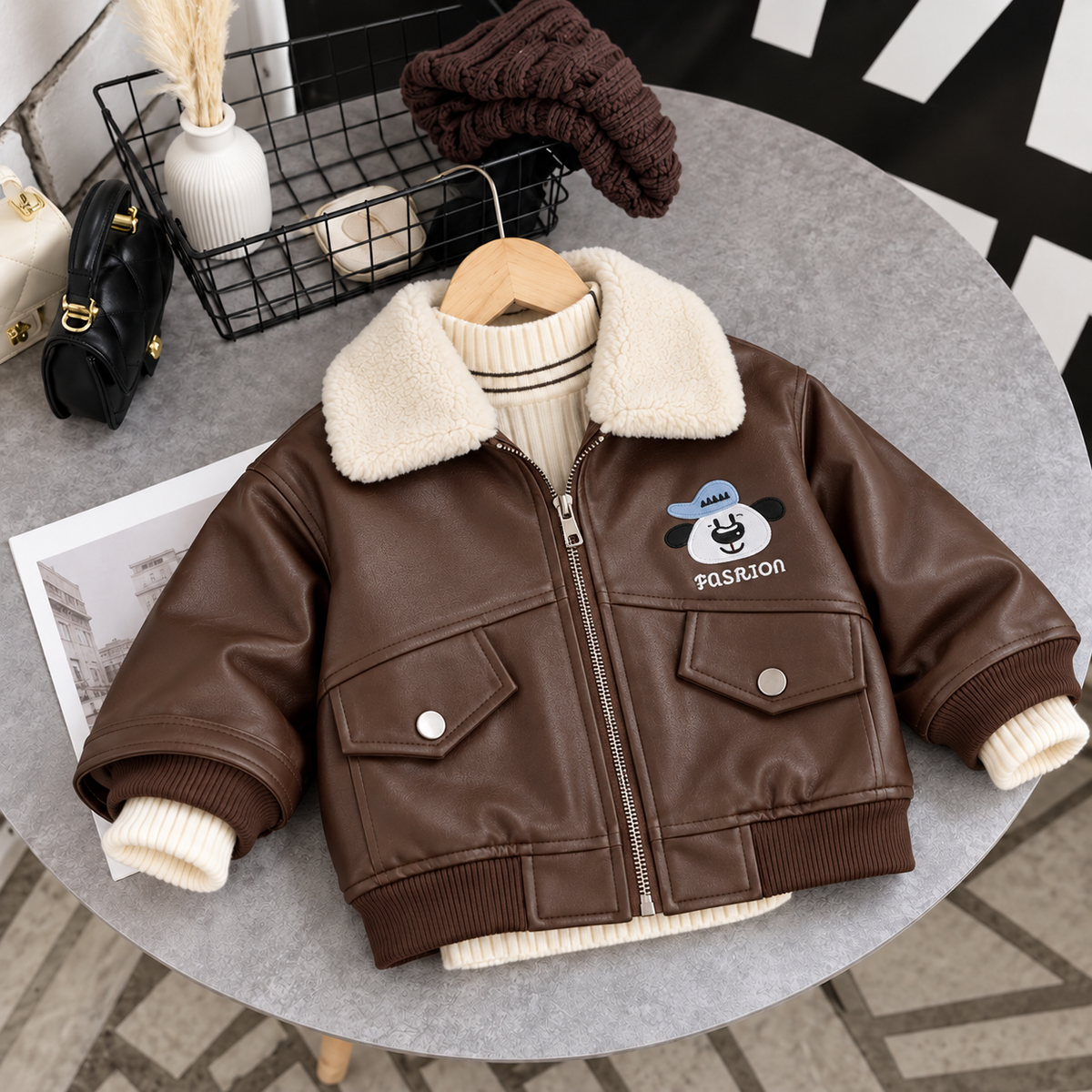 Boys Bear Patch Sherpa Collar Leather Jacket