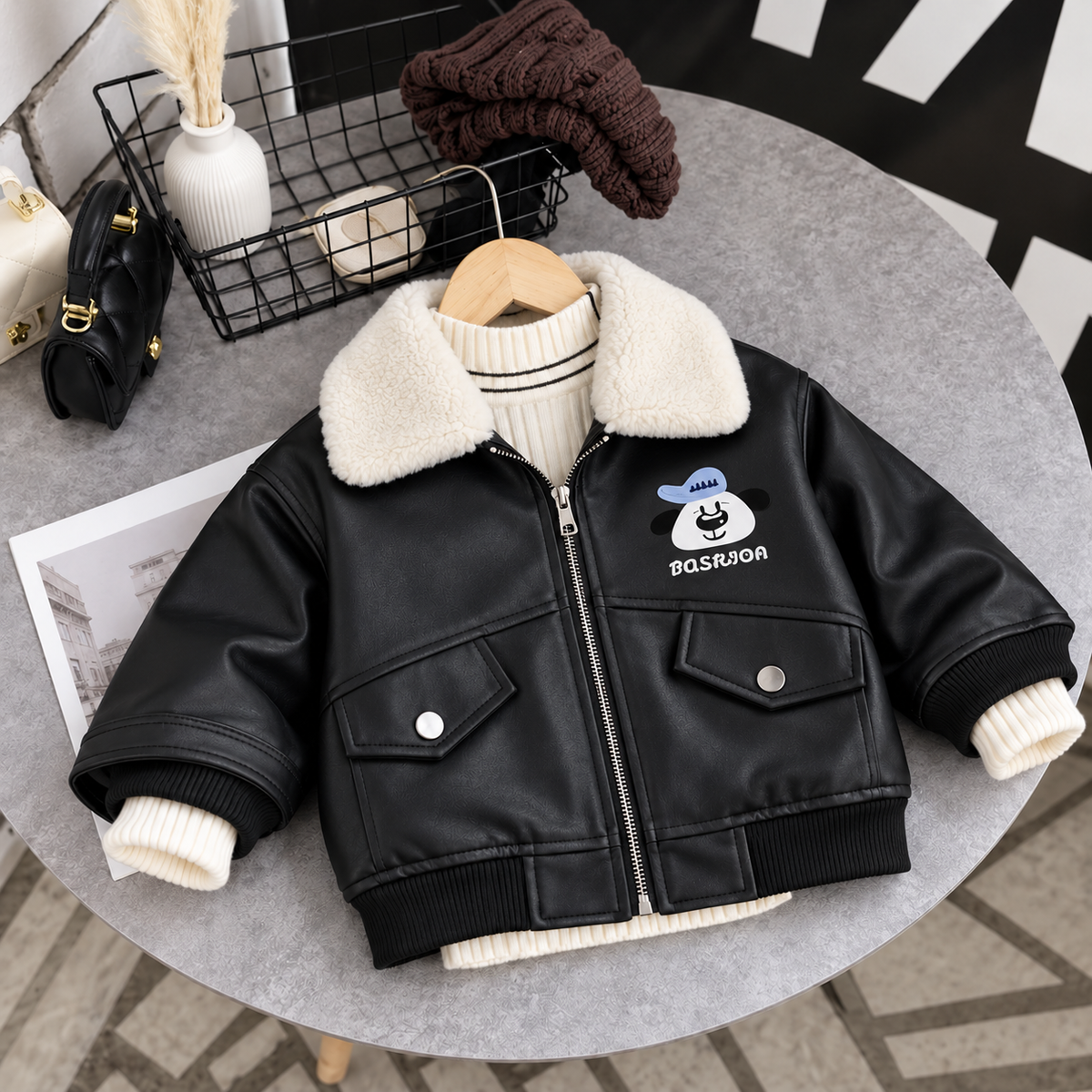 Boys Bear Patch Sherpa Collar Leather Jacket