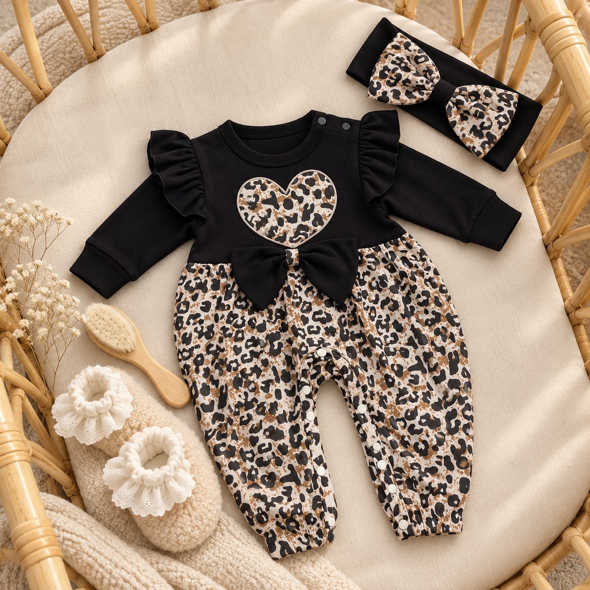 Baby Leopard Heart Romper & Bow Headband 2PC Set