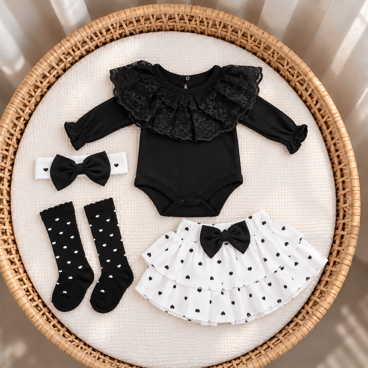 Baby Heart Lace Bodysuit, Skirt & Socks 4PC Set