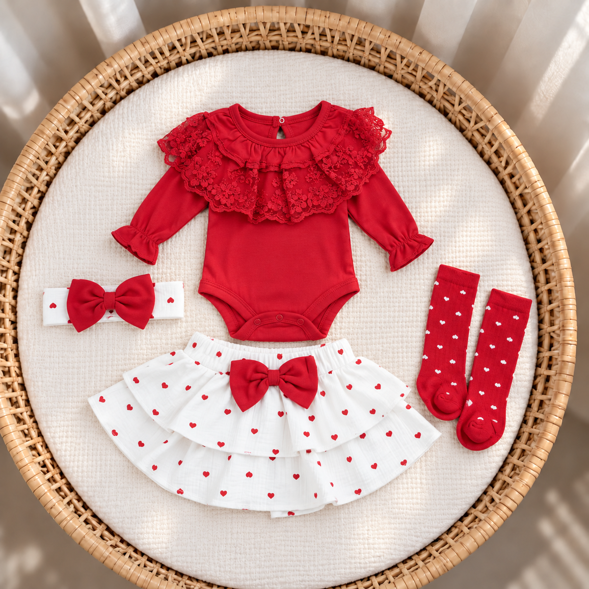 Baby Heart Lace Bodysuit, Skirt & Socks 4PC Set