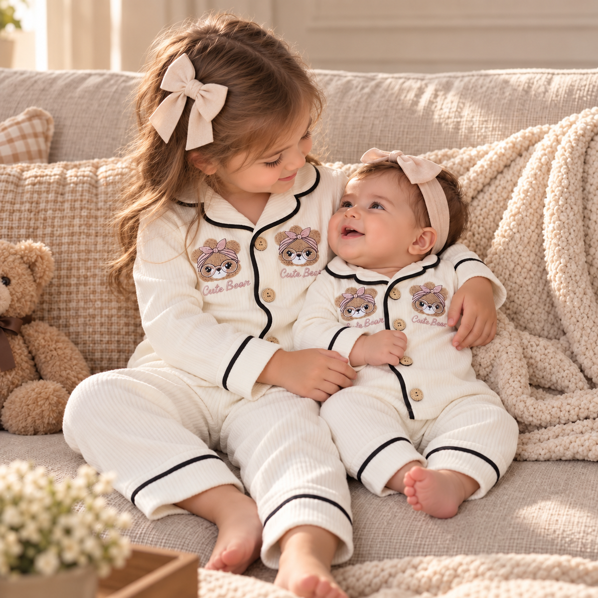Kids Teddy Piped Ribbed Night Suit 2PC Set