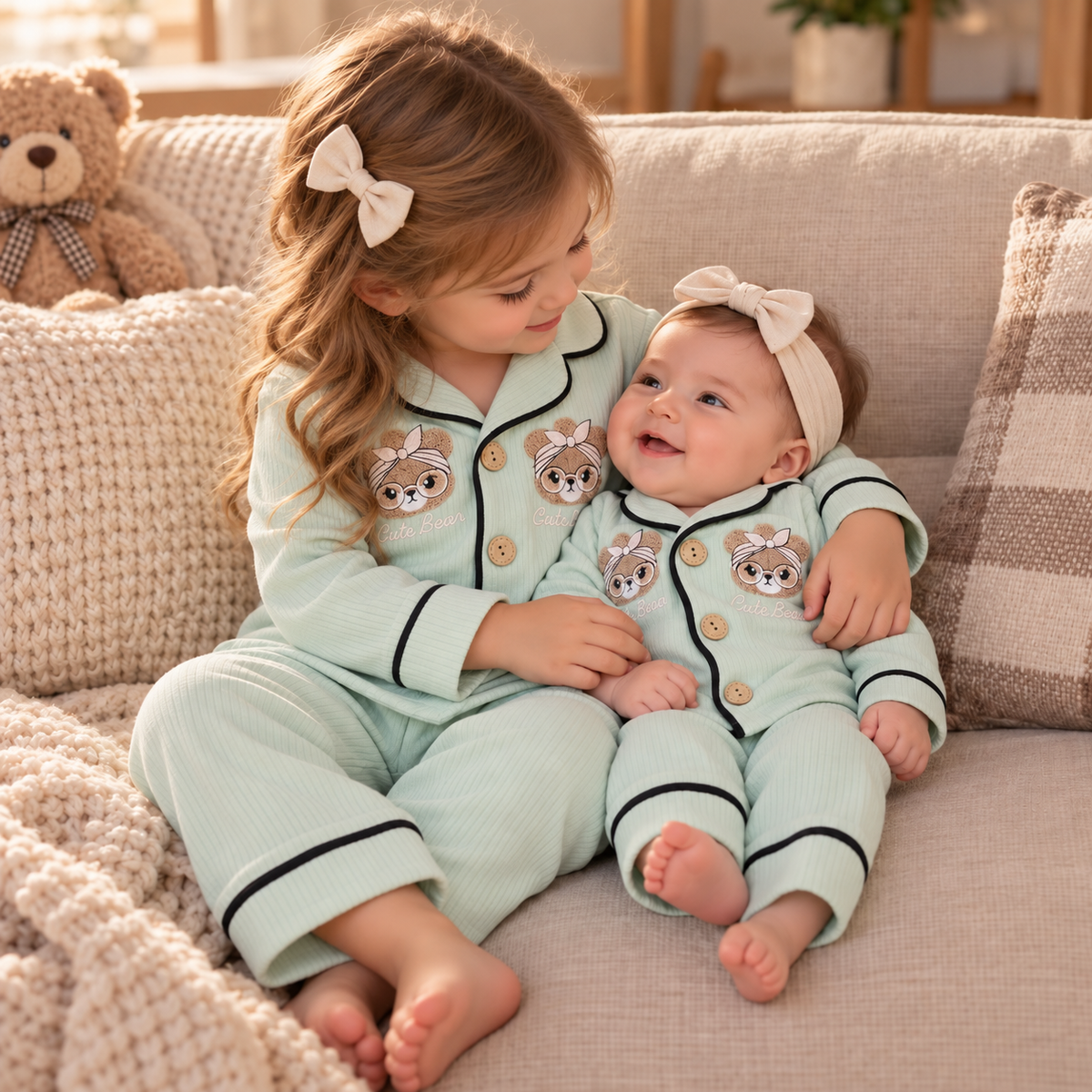 Kids Teddy Piped Ribbed Night Suit 2PC Set
