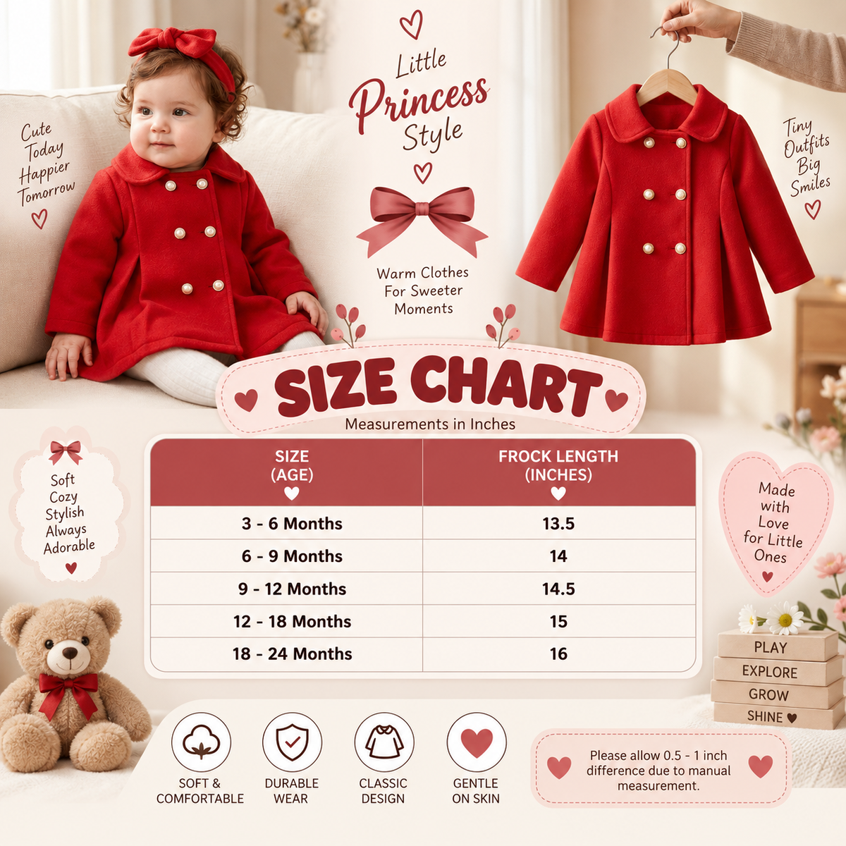 Baby Girl Pearl Button Red Frock Coat | Faba Kids