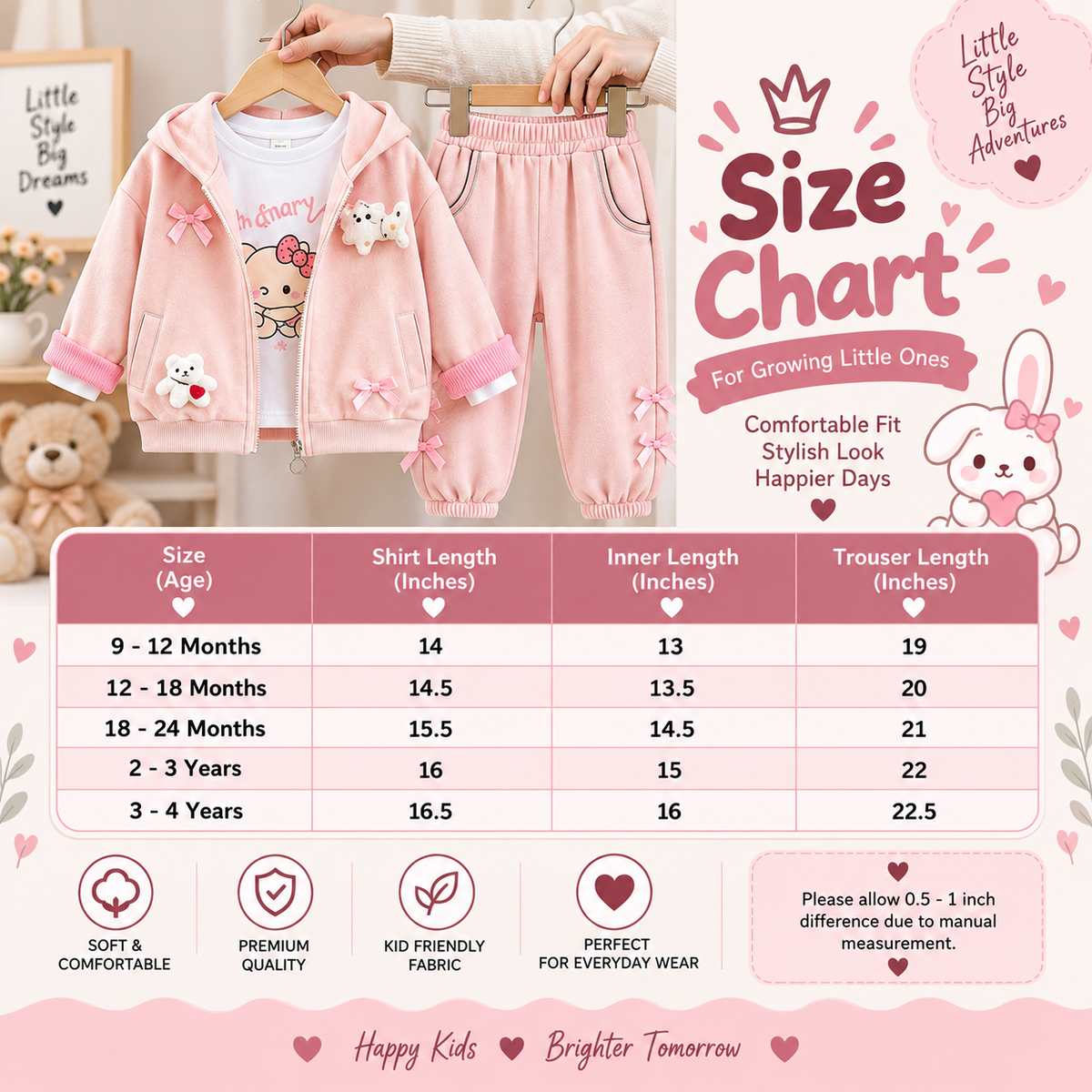Girls Cute Bow Hoodie 3PC Jacket, Shirt & Trouser Set – 3 Colors | Faba Kids