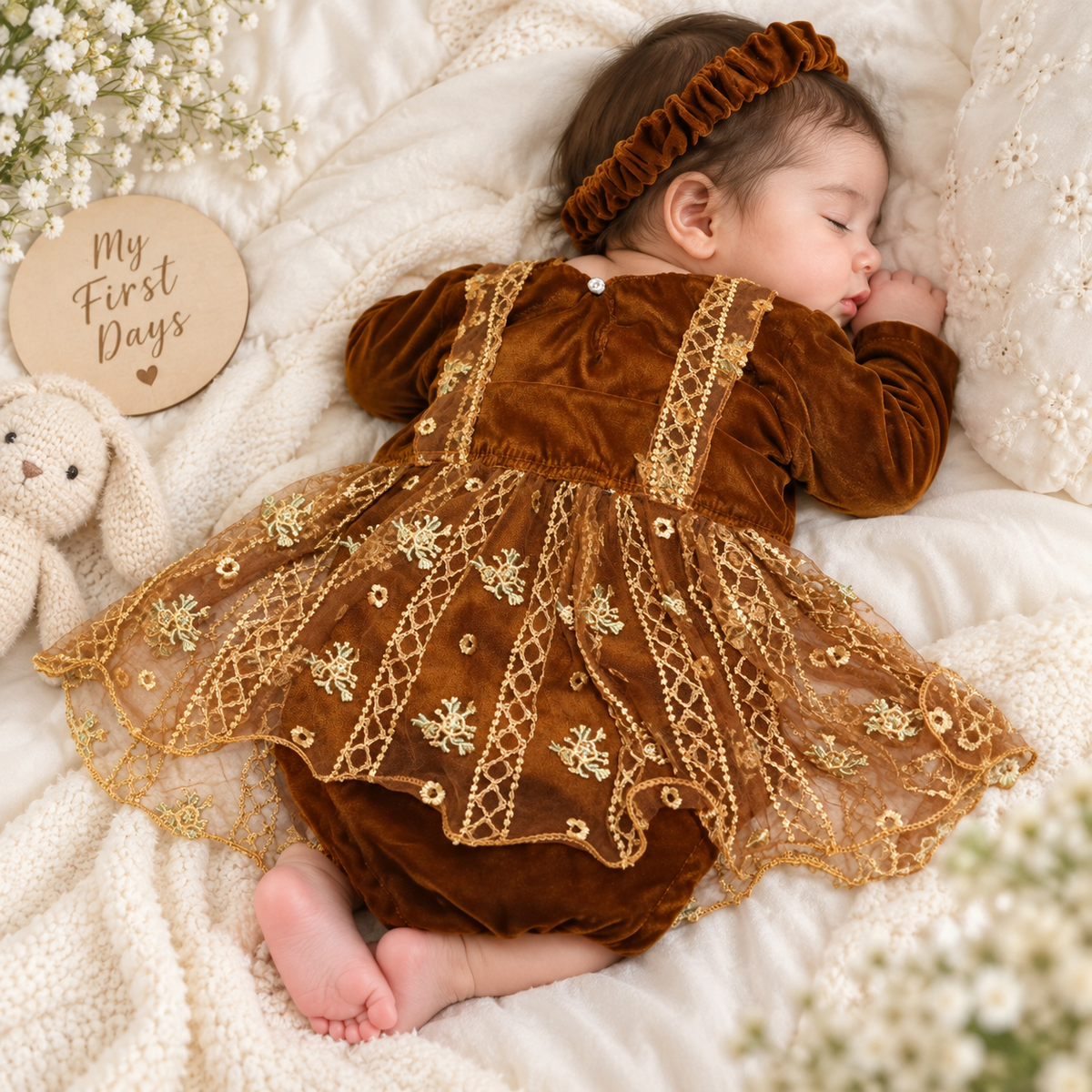 5-Piece Luxury Velvet & Net Baby Girl Frock Set – 3 Colors | Faba Kids
