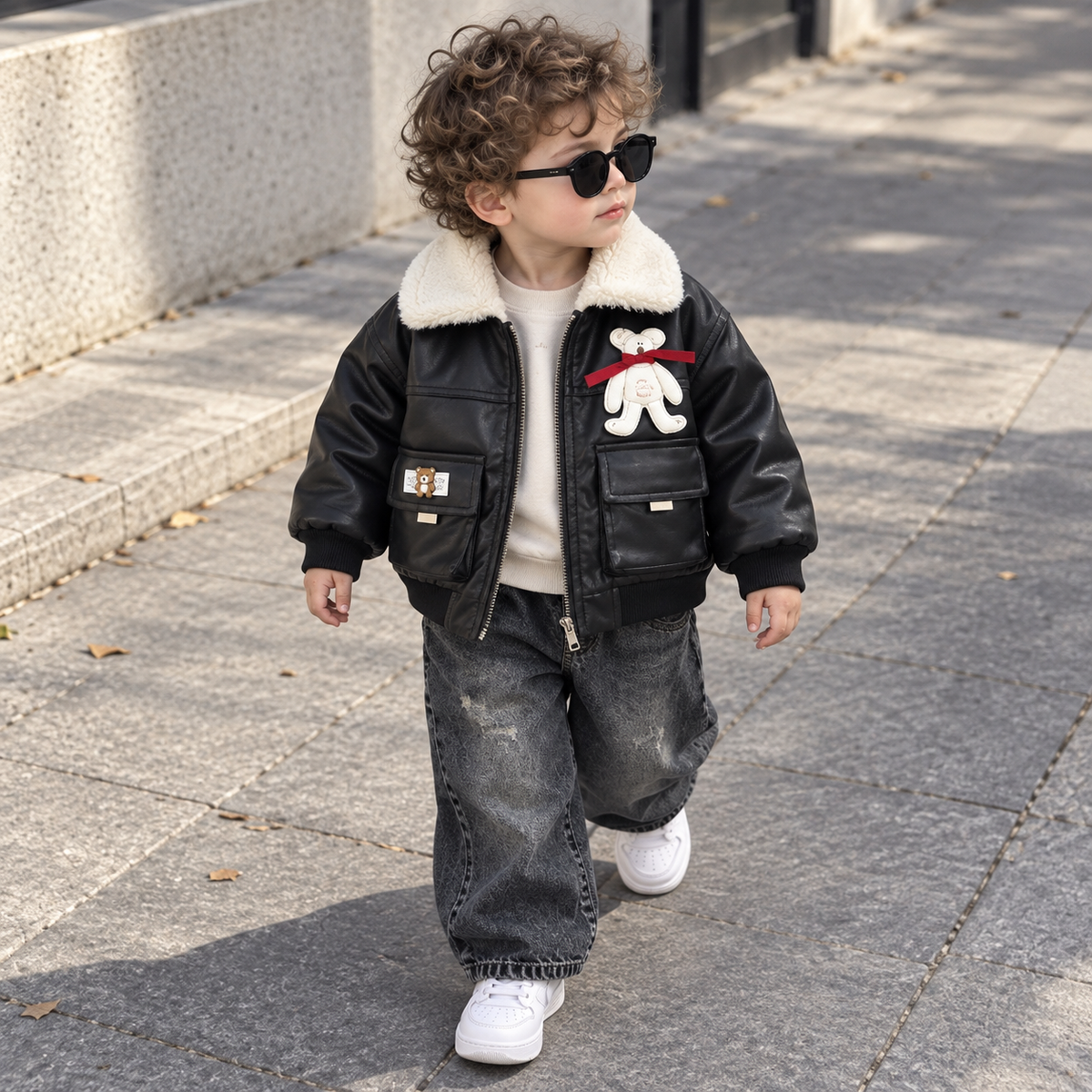 Kids Teddy Patch Leather-Look Winter Jacket