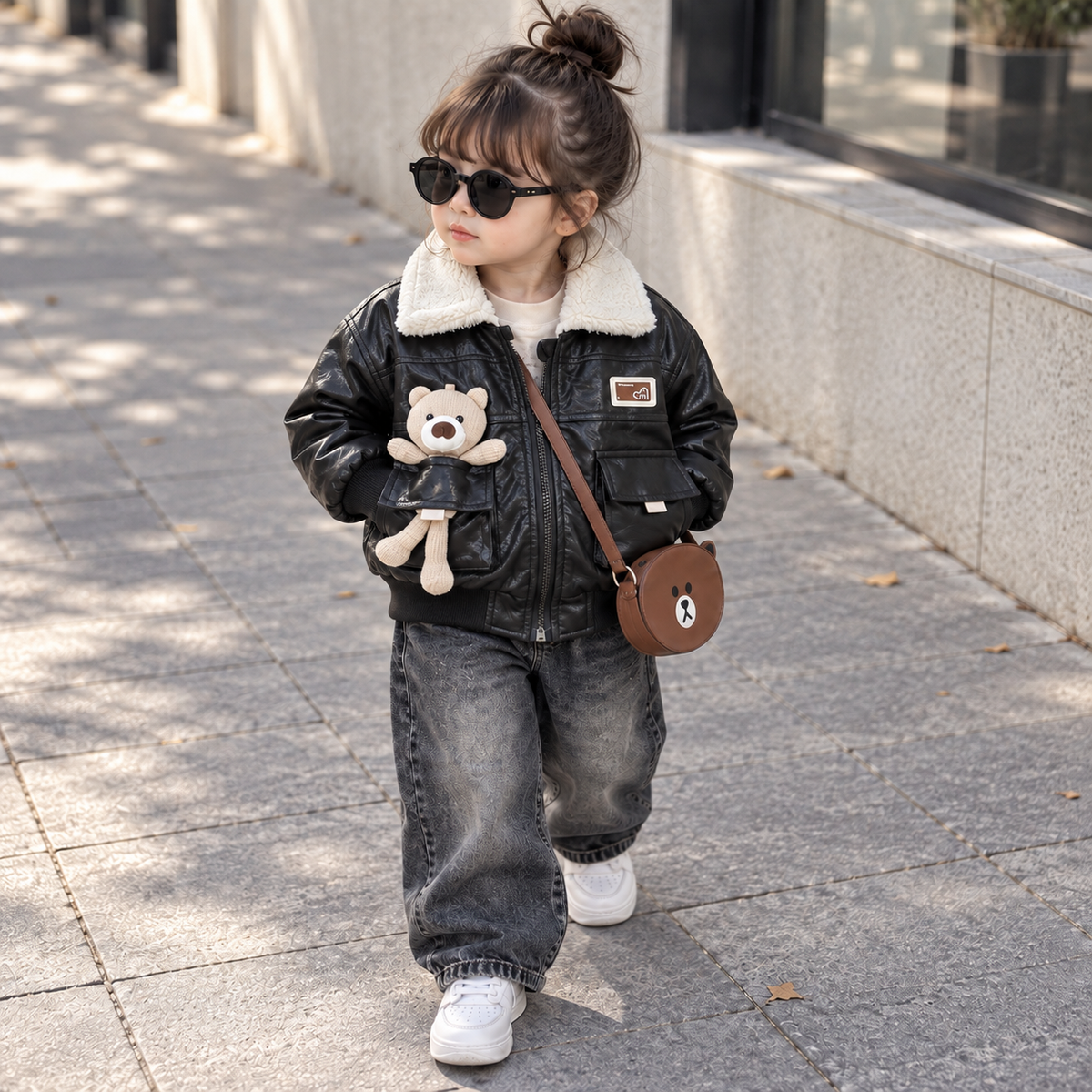 Kids Teddy Pocket Leather-Look Winter Jacket