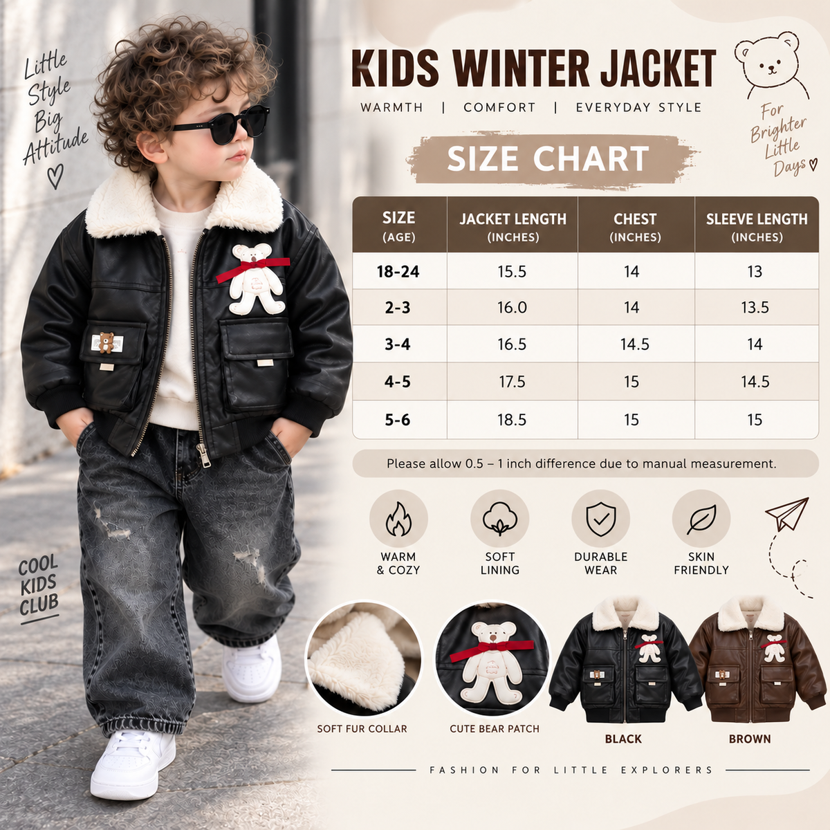Kids Fur Collar Bear Patch Winter Jacket