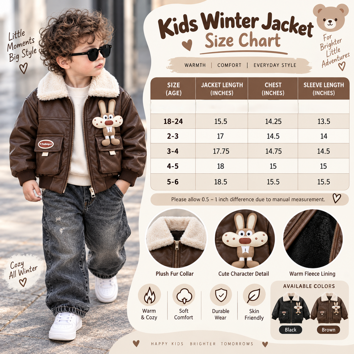 Kids Bunny Pocket Fur Collar Winter Jacket