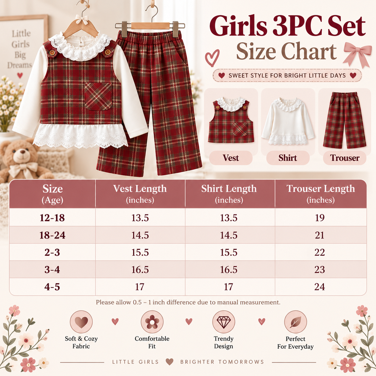Girls 3PC Plaid Vest, Shirt & Trouser Set