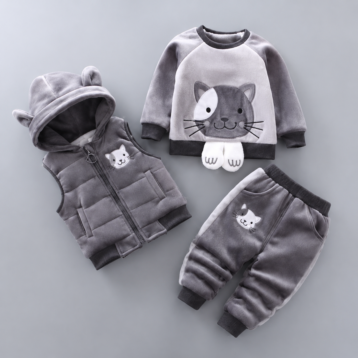 Cute Cat Velvet 3PC Hooded Vest Set