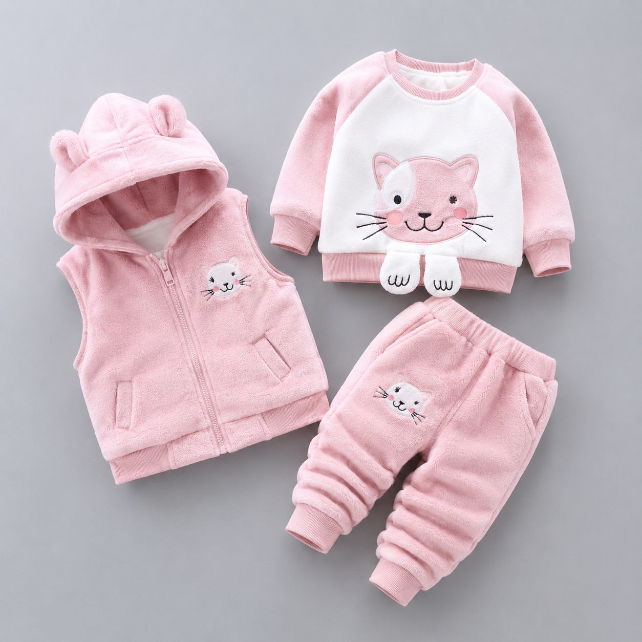Cute Cat Velvet 3PC Hooded Vest Set