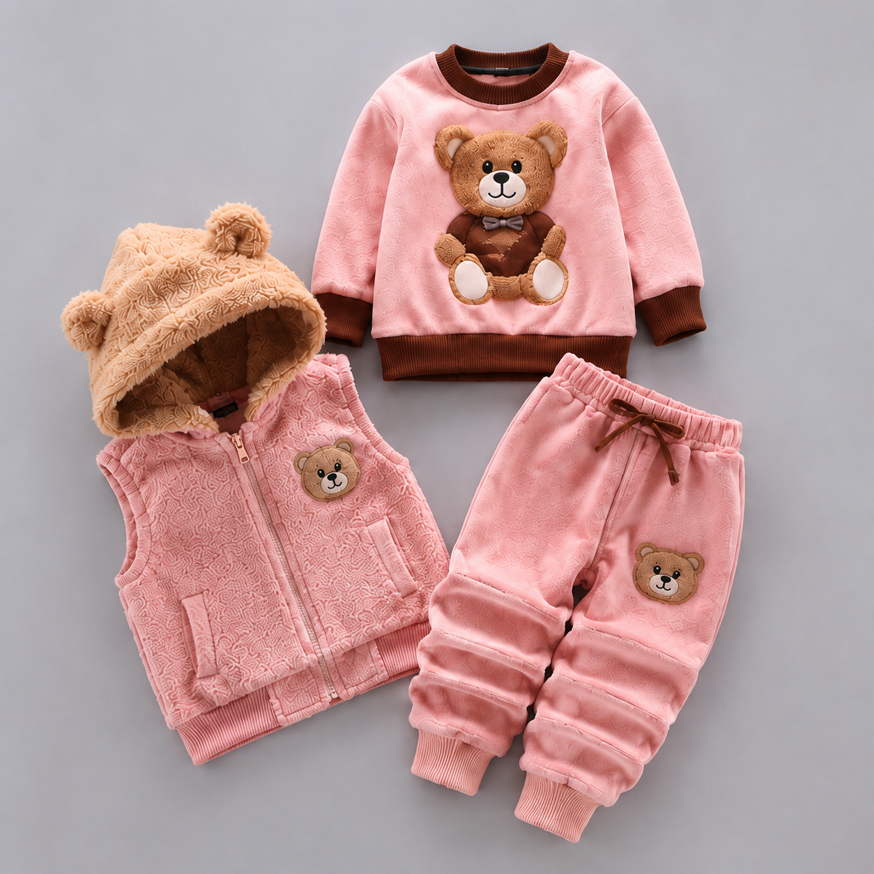 Teddy Bear Velvet 3PC Hooded Vest Set