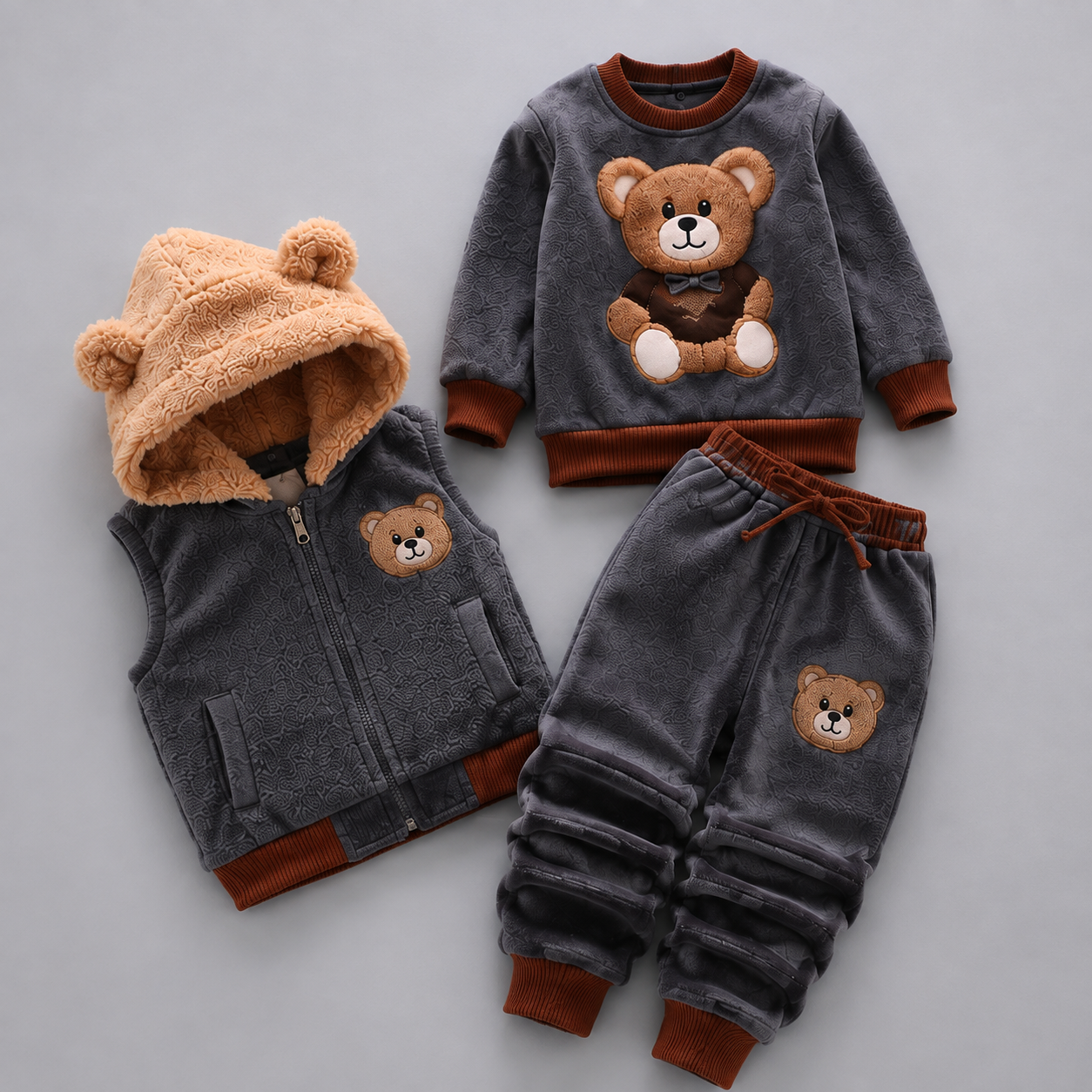 Teddy Bear Velvet 3PC Hooded Vest Set