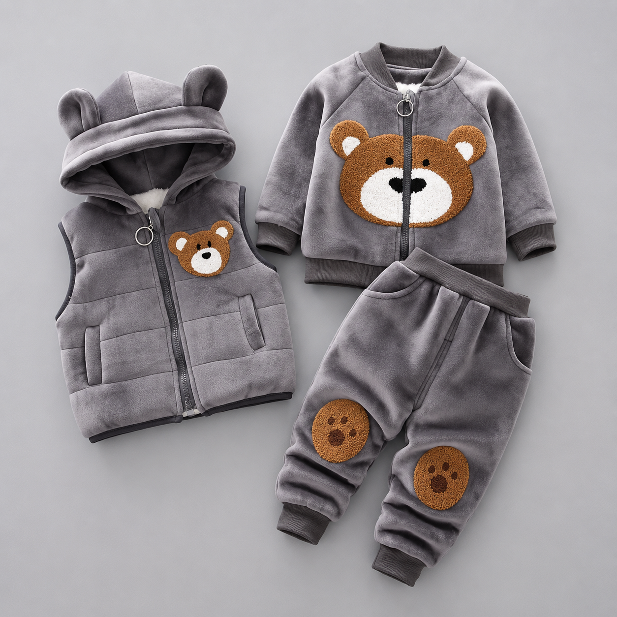 Teddy Bear Velvet 3PC Hooded Vest Set