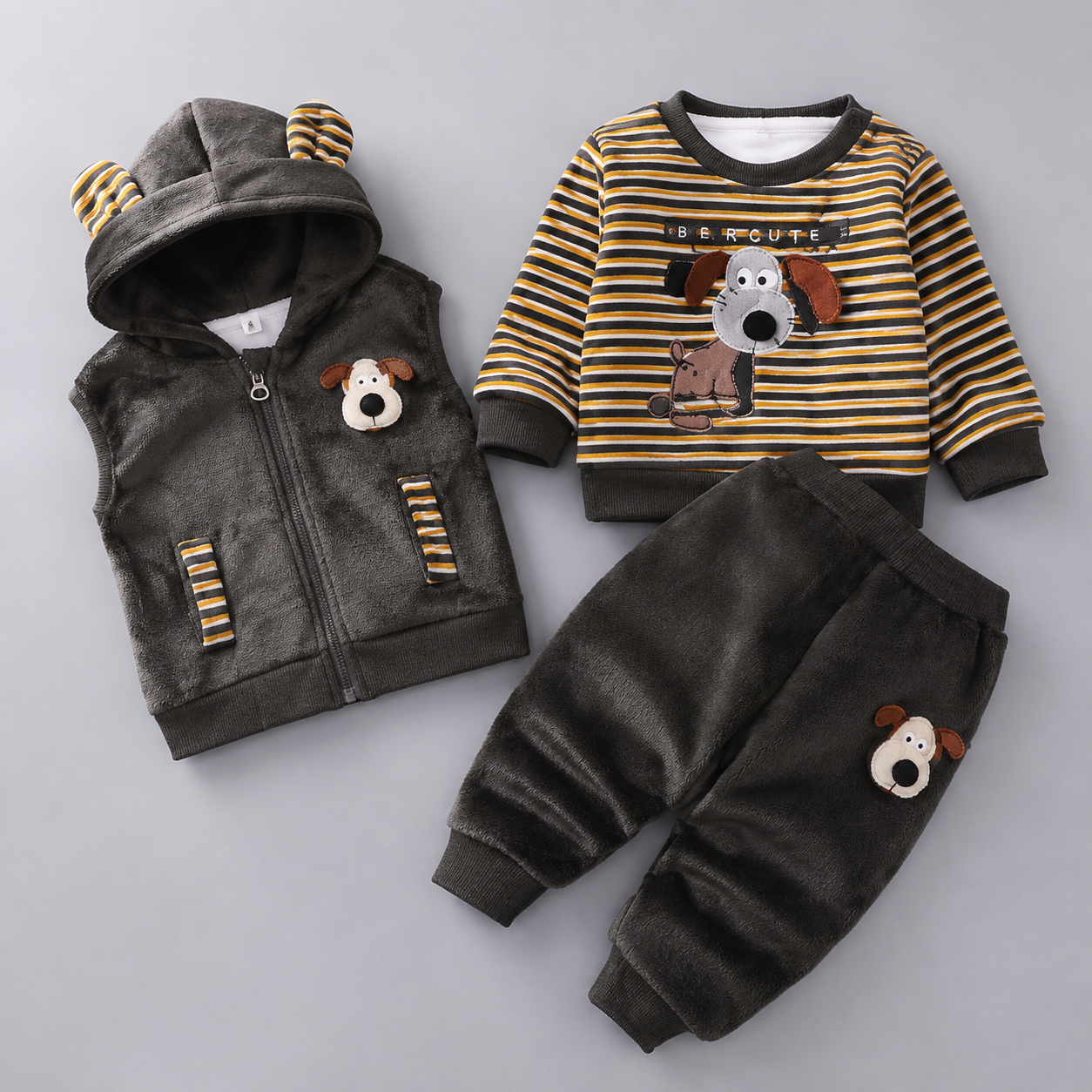 Boys Puppy Velvet 3PC Hooded Vest Set
