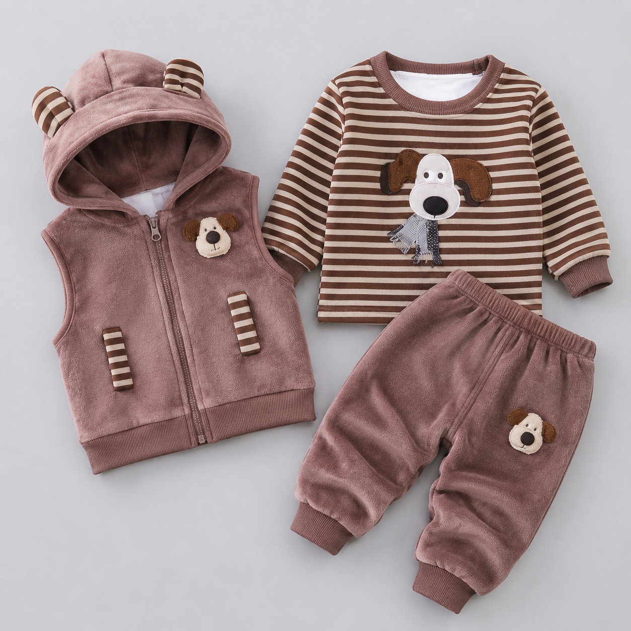 Boys Puppy Velvet 3PC Hooded Vest Set