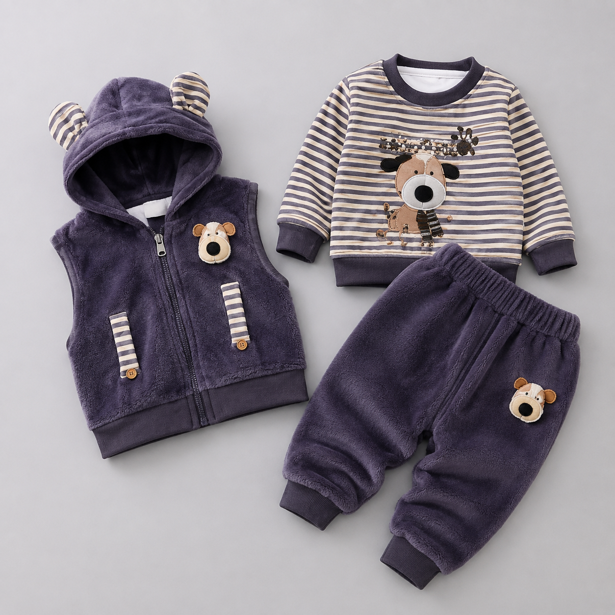 Boys Puppy Velvet 3PC Hooded Vest Set