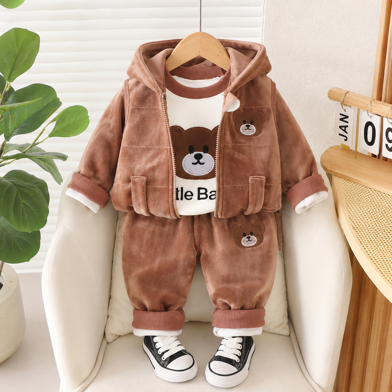 Boys Teddy Bear Velvet 3PC Hooded Set